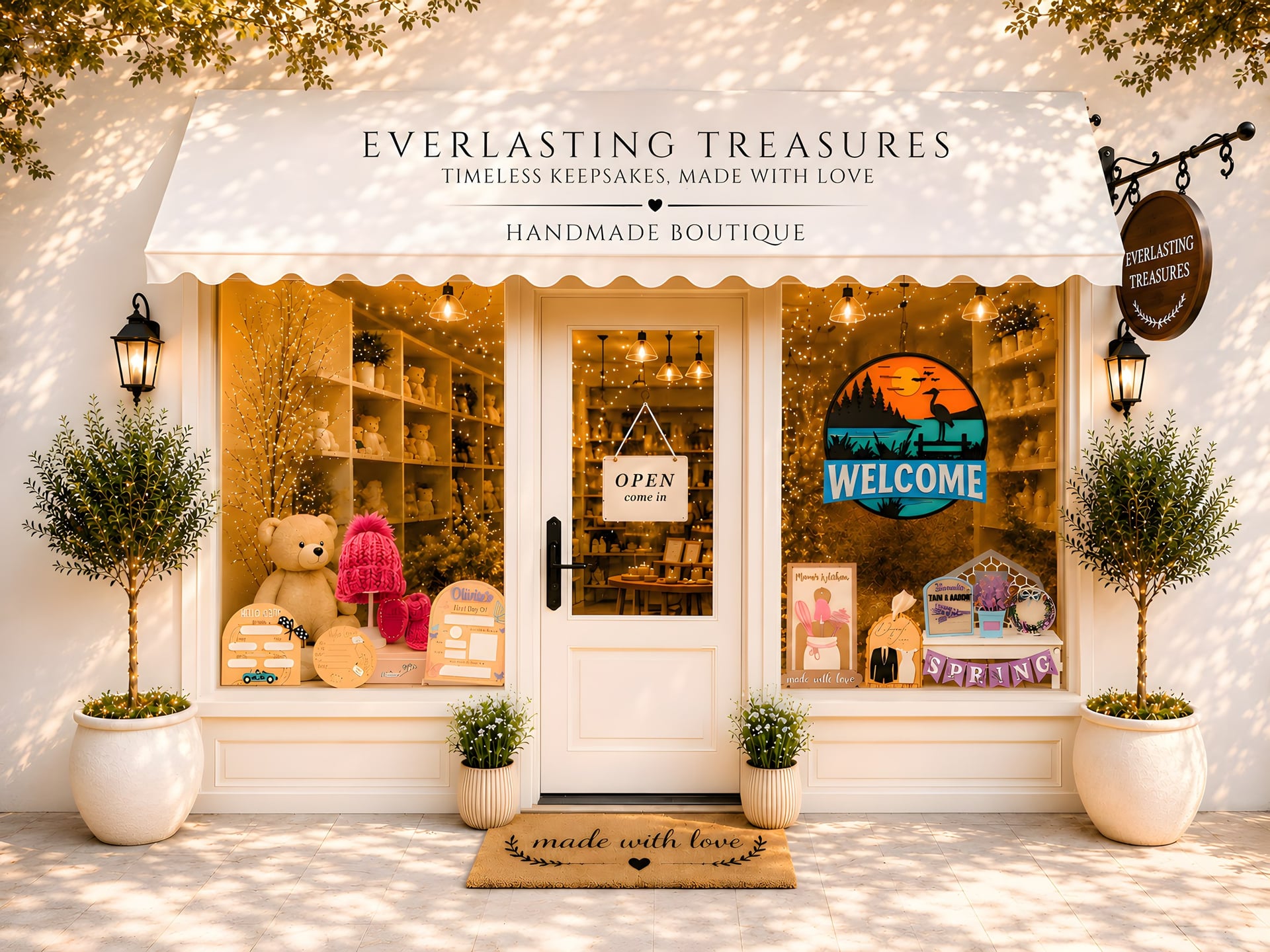 The Everlasting Treasures handmade boutique storefront in Sydney — teddy bears, keepsakes and fairy lights in warmly lit windows
