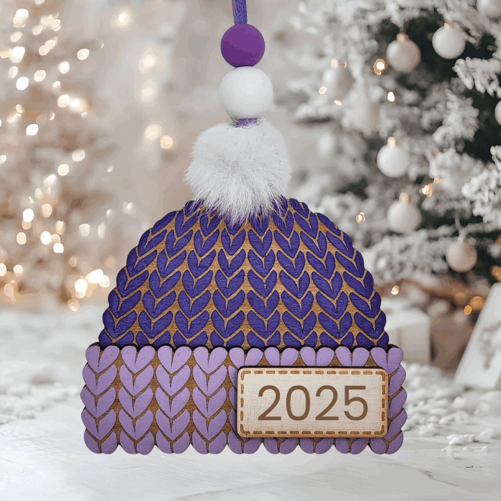 Knitted Beanie Christmas Ornament – Purple
