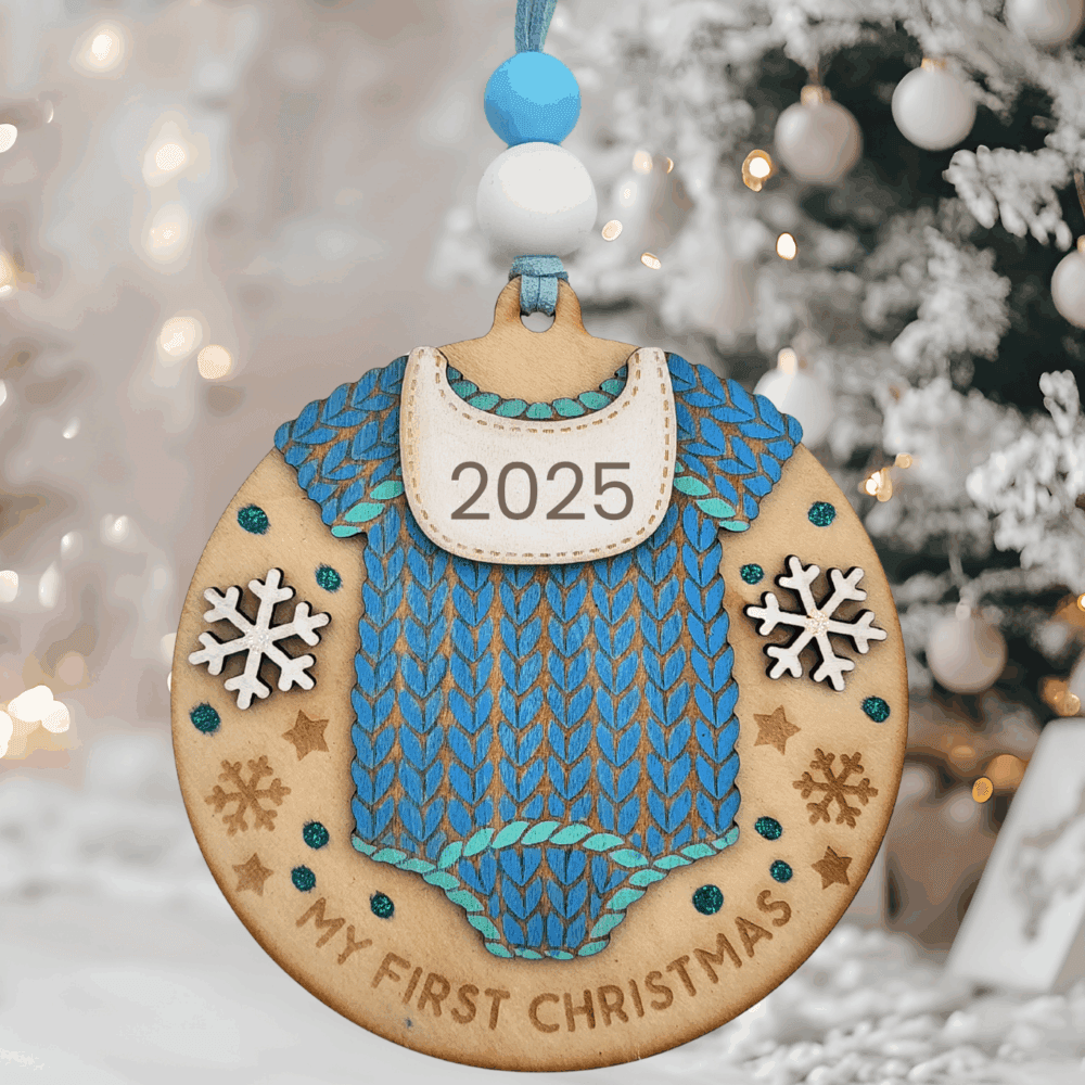 Baby’s First Christmas Romper Bauble – Blue