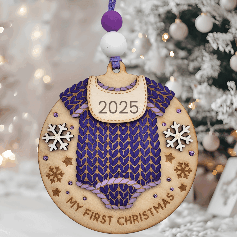 Baby’s First Christmas Romper Bauble – Purple