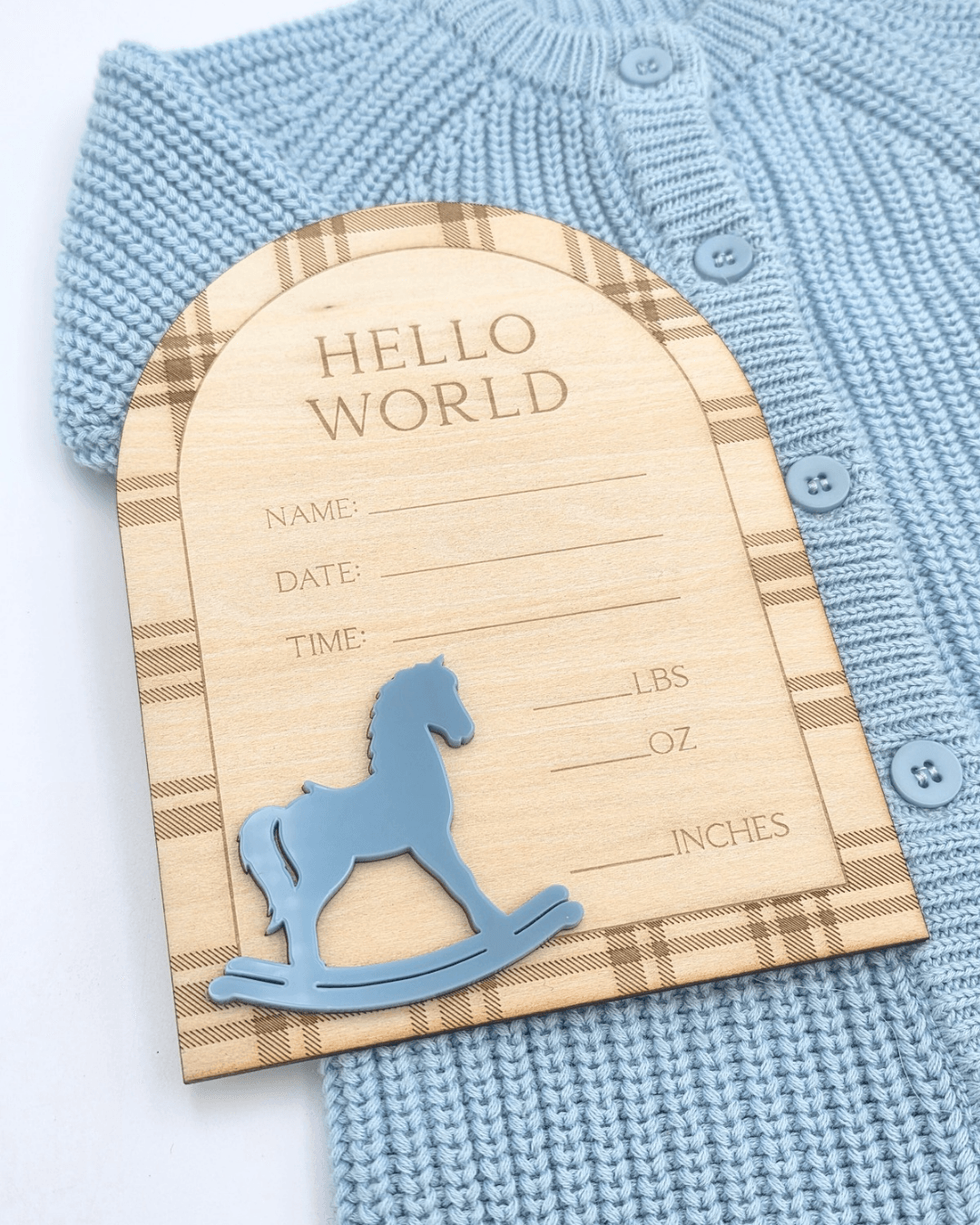 Plaid Rocking Horse Announcement Plaque - Blue