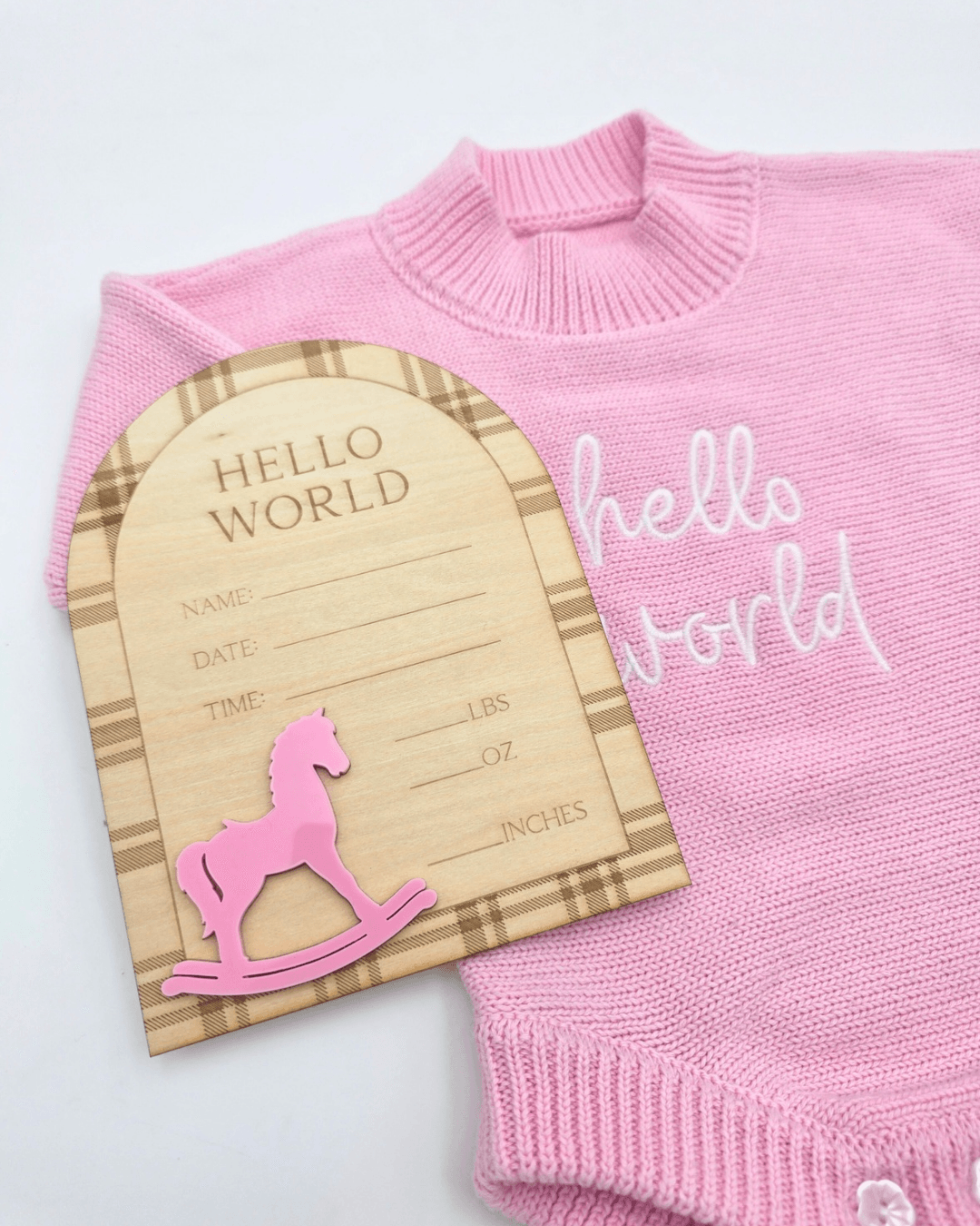 Plaid Rocking Horse Announcement Plaque - Pink