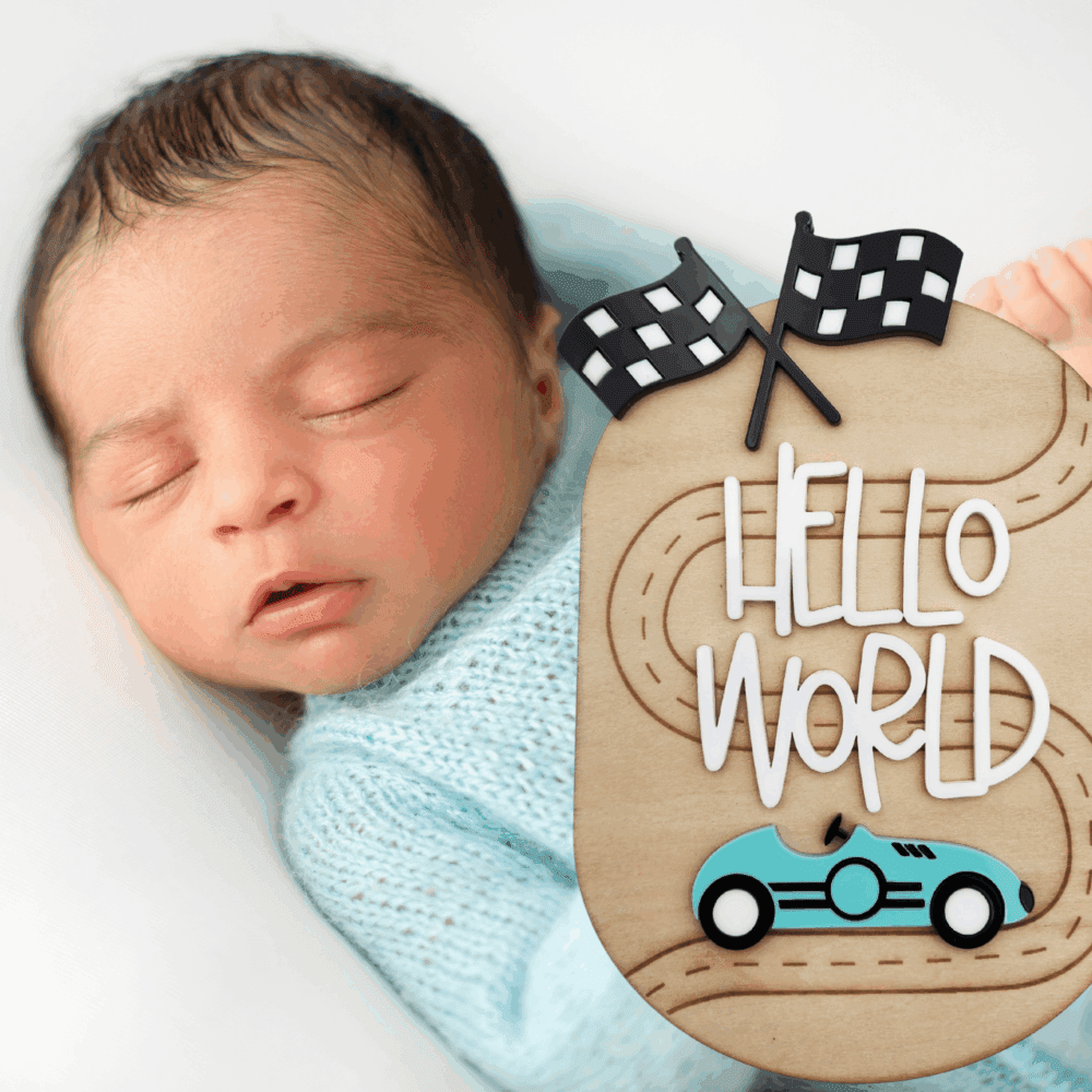 Hello World Racer Baby Announcement Plaque
