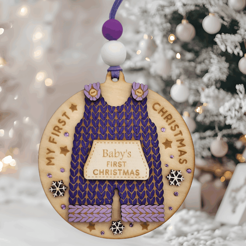 Baby’s First Christmas Overalls Bauble – Purple