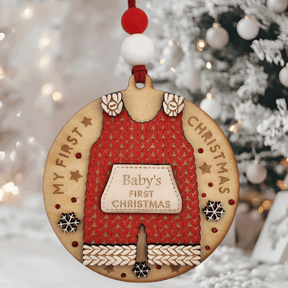 Baby’s First Christmas Overalls Bauble – Red