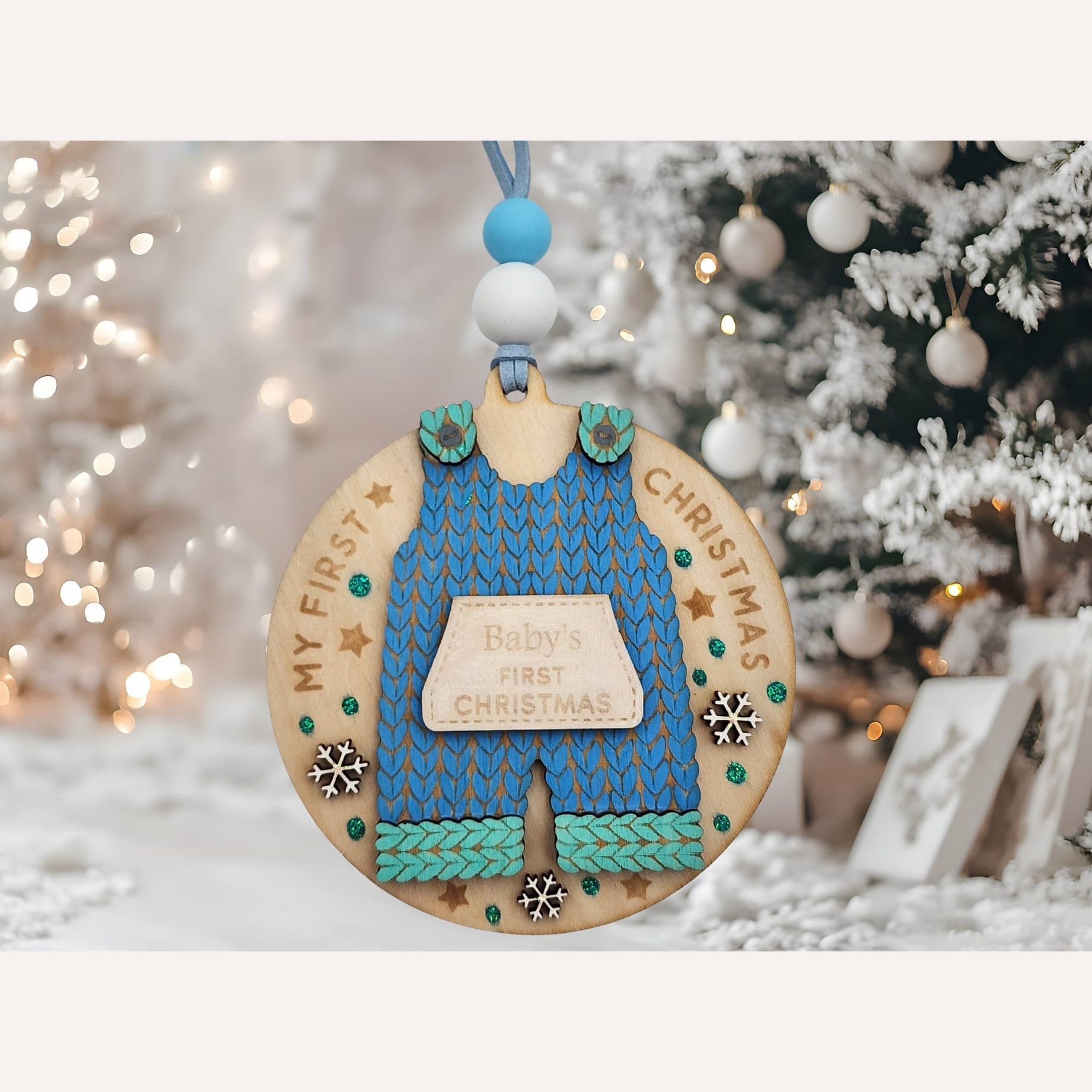 Baby’s First Christmas Overalls Bauble – Blue