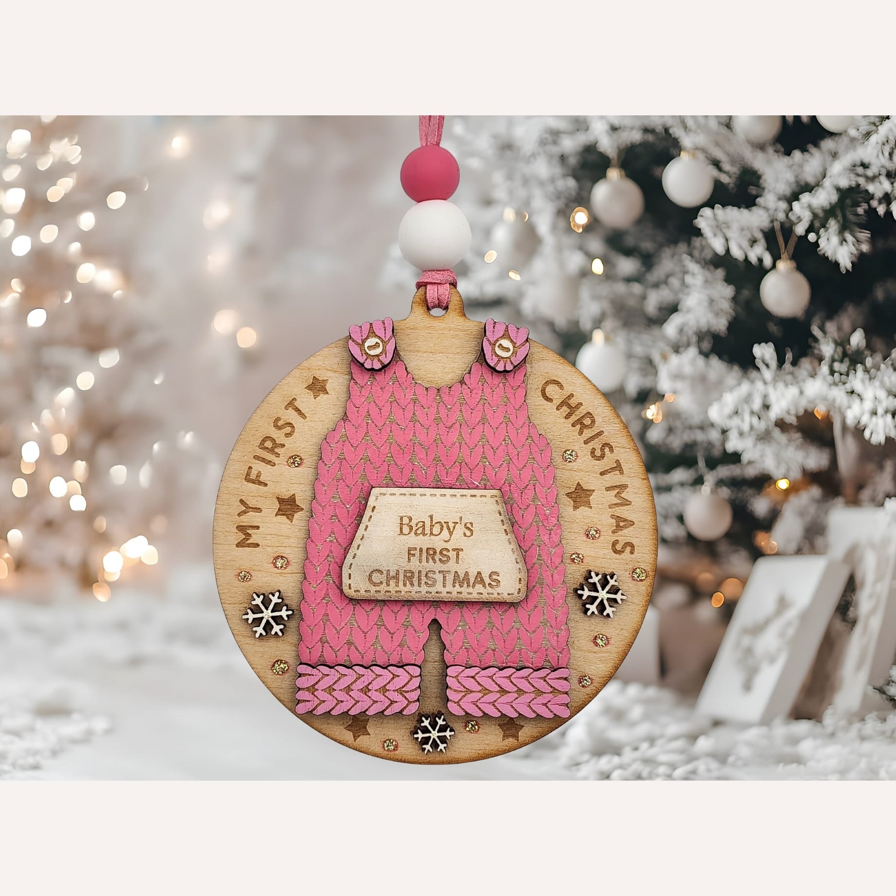 Baby’s First Christmas Overalls Bauble – Pink