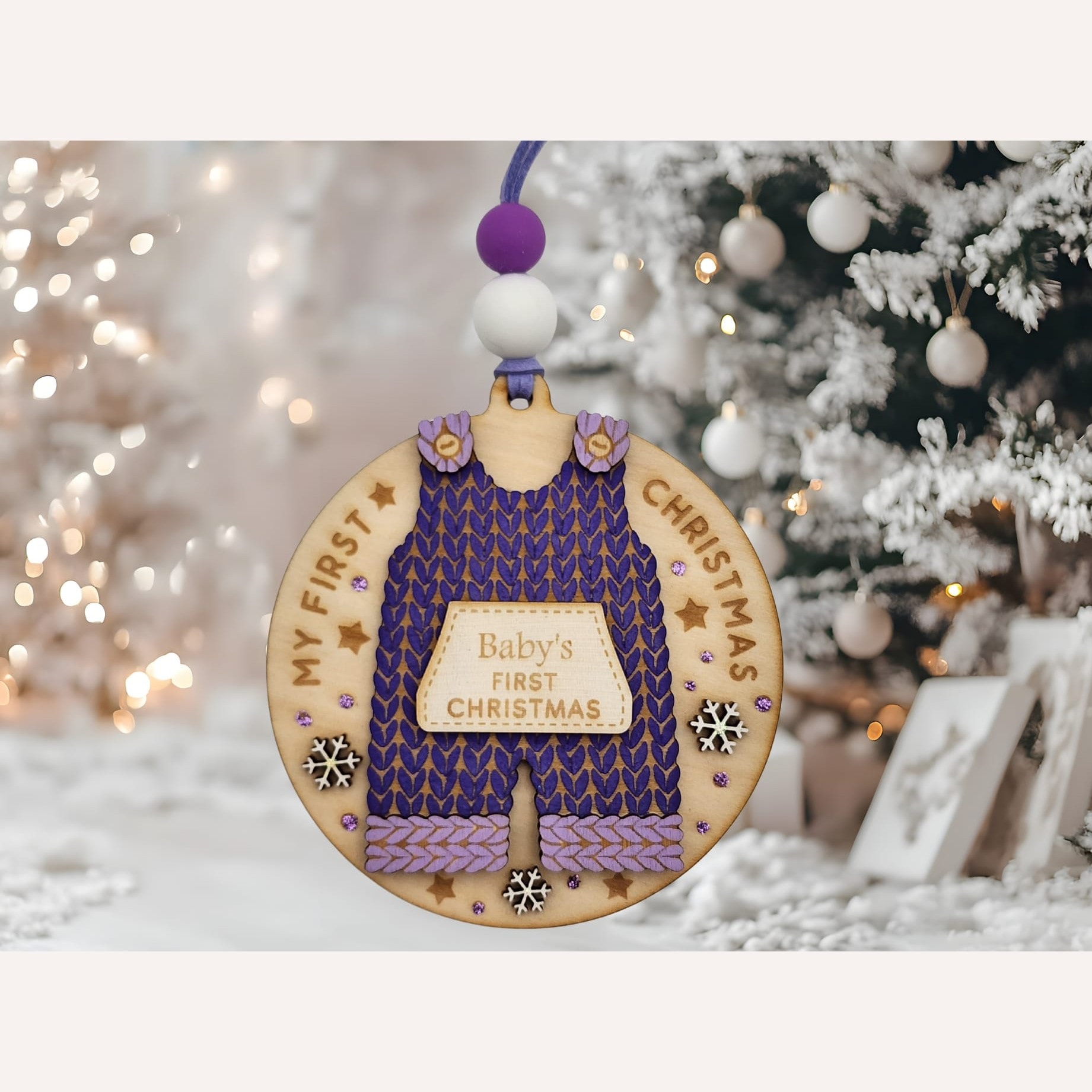 Baby’s First Christmas Overalls Bauble – Purple