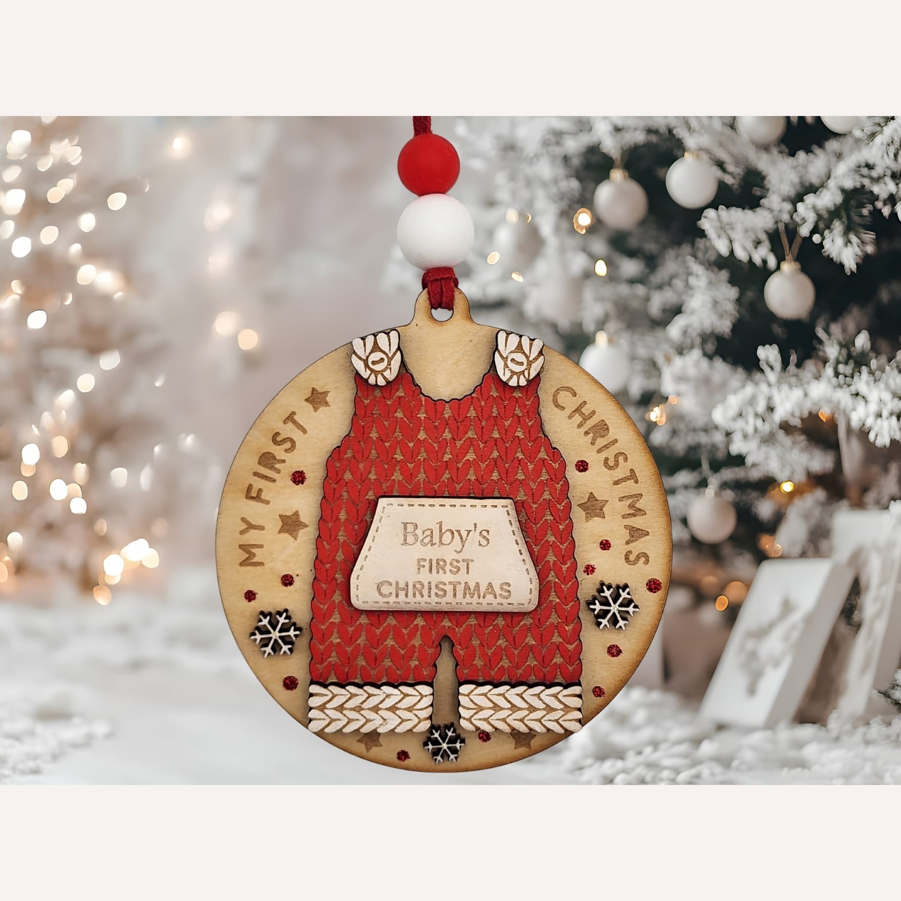 Baby’s First Christmas Overalls Bauble – Red