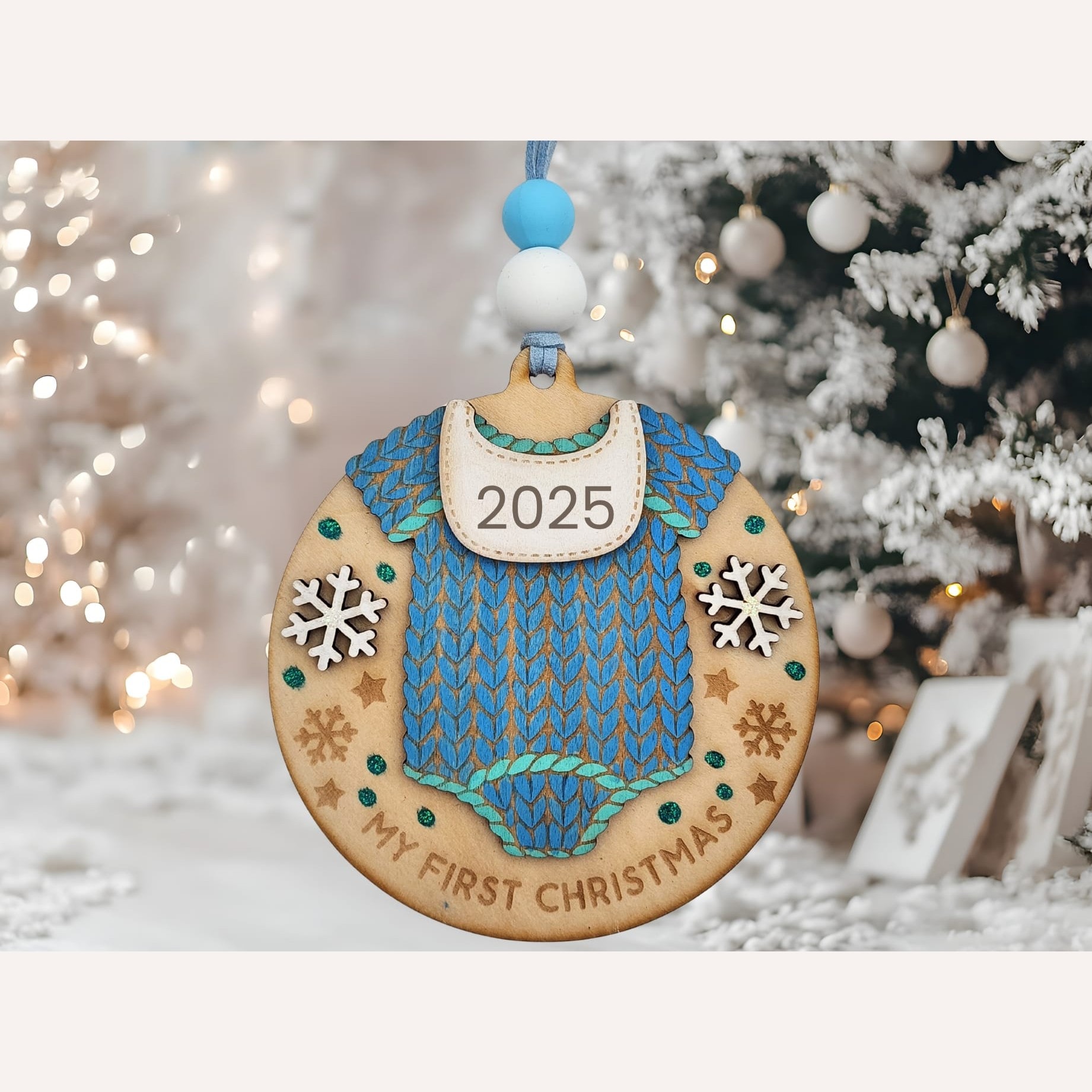 Baby’s First Christmas Romper Bauble – Blue