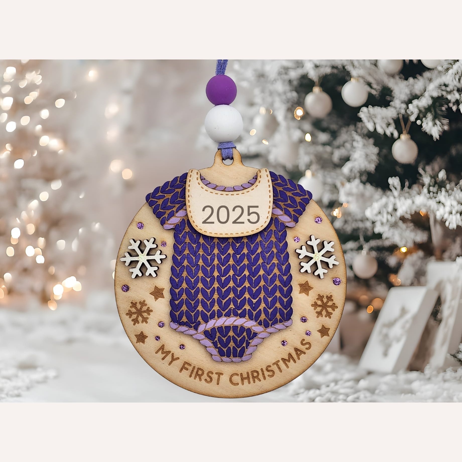 Baby’s First Christmas Romper Bauble – Purple