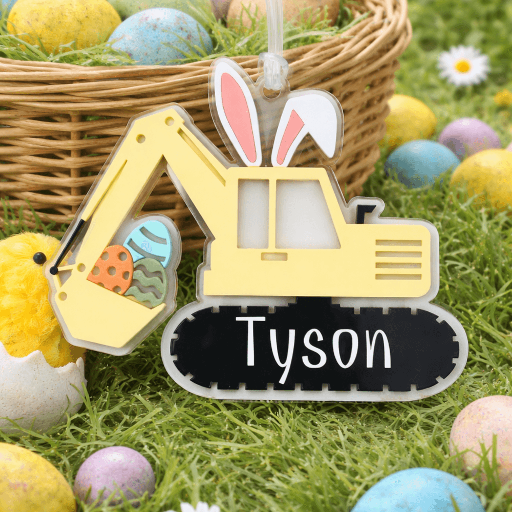 Personalised Excavator Easter Name Tag