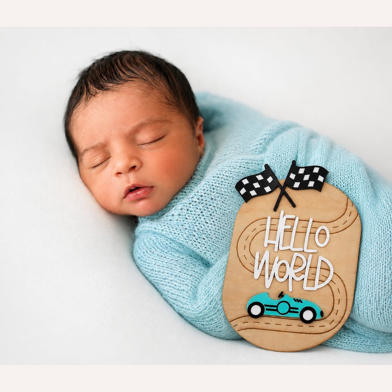 Personalised Hello World Racer Baby Announcement Plaque