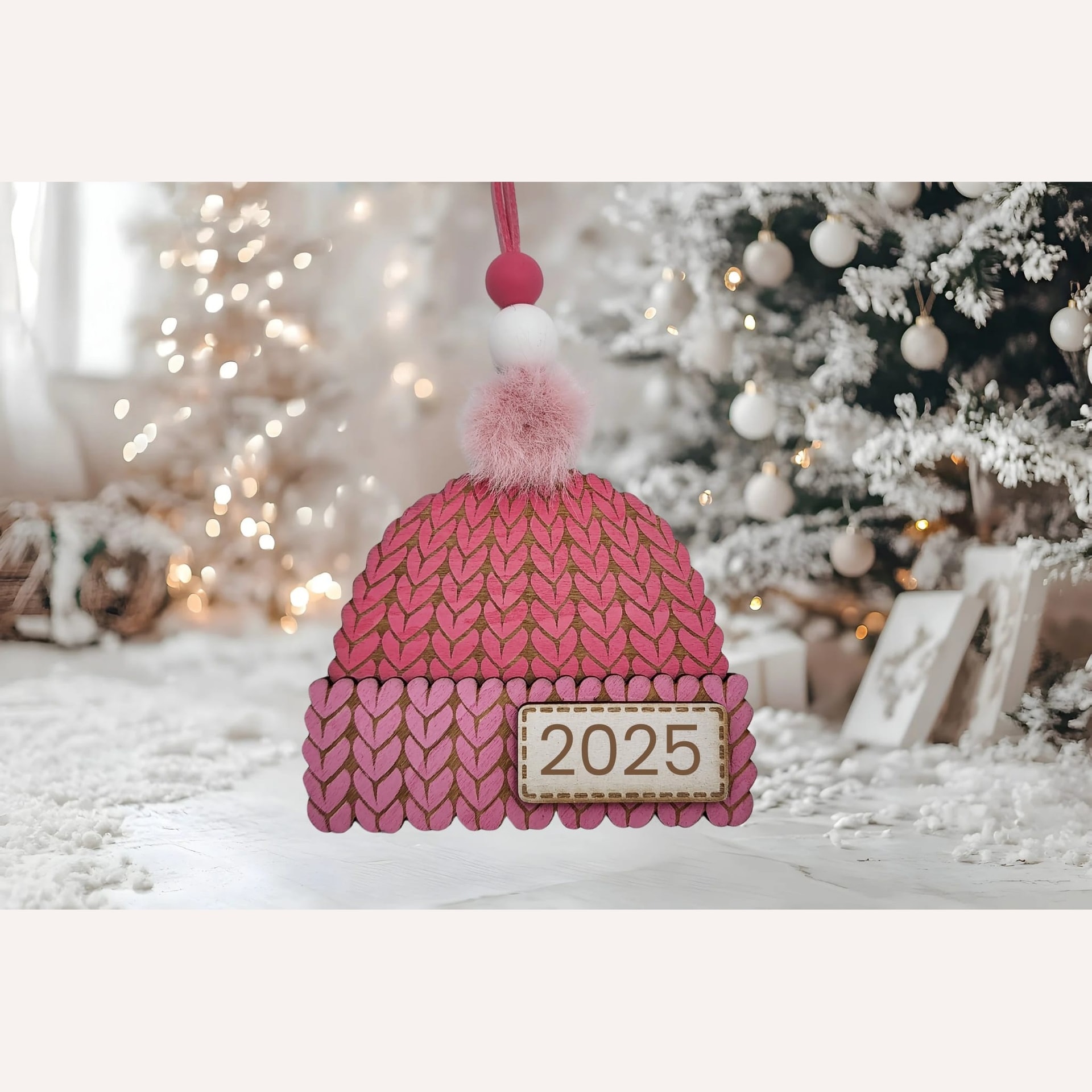 Knitted Beanie Christmas Ornament – Pink