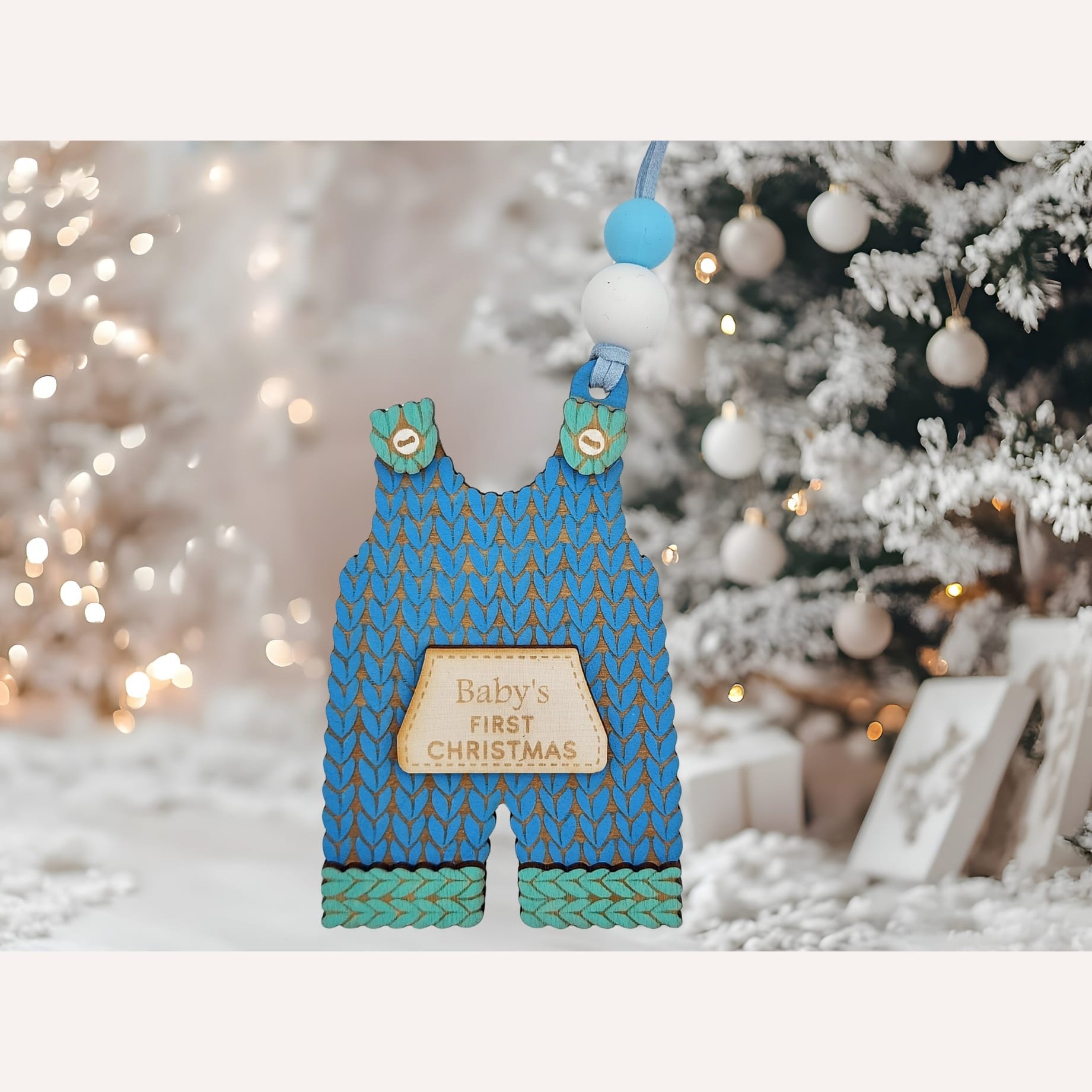 Knitted Overalls Christmas Ornament – Blue