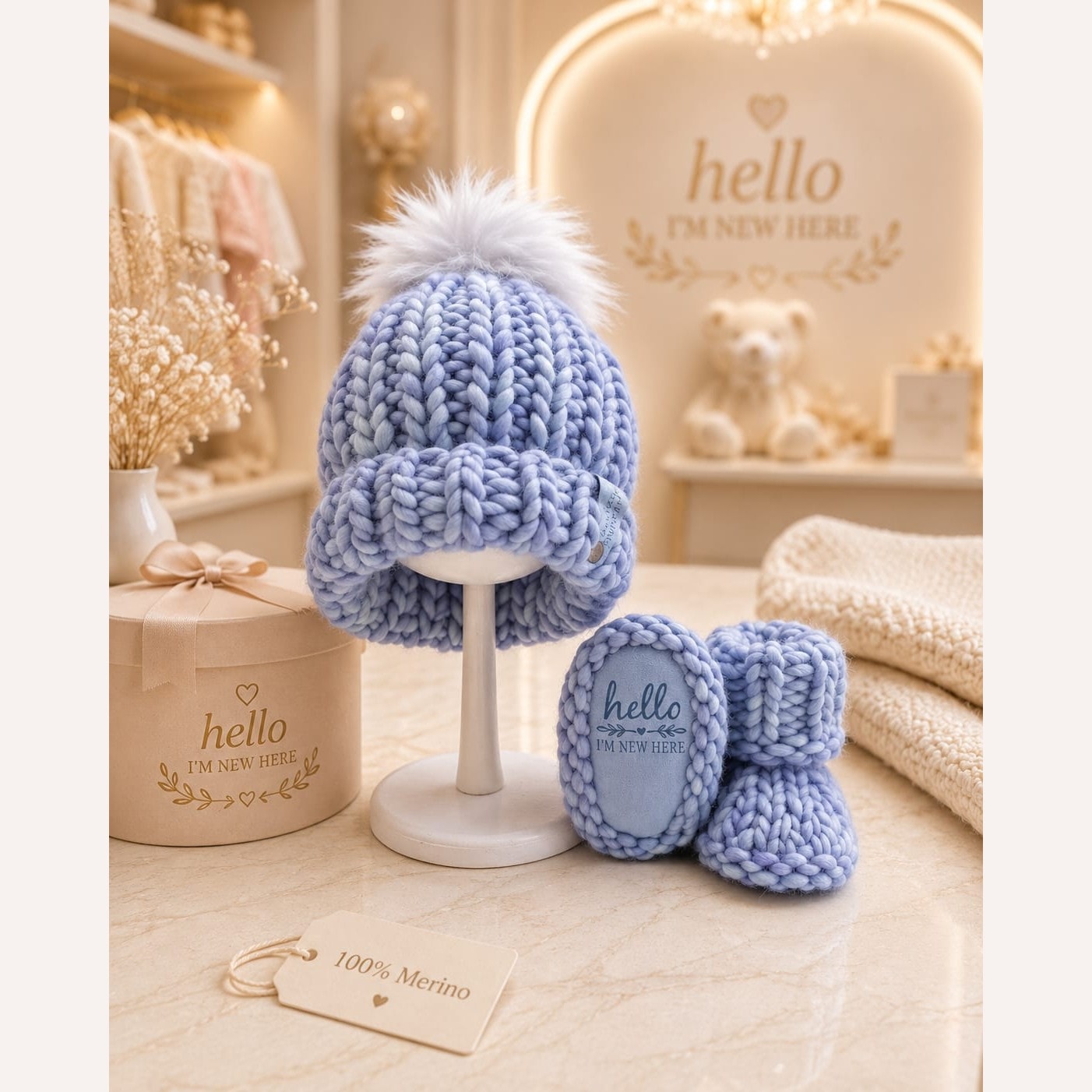 Luxury Merino Hello I'm New Here Beanie & Booties Gift Set - Aquamarine
