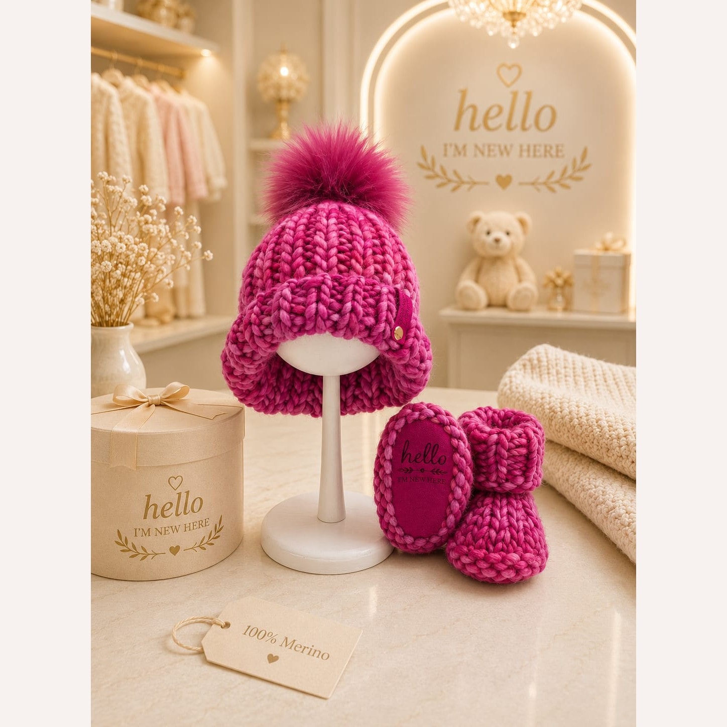 Luxury Merino Hello I'm New Here Beanie & Booties Gift Set - English Rose