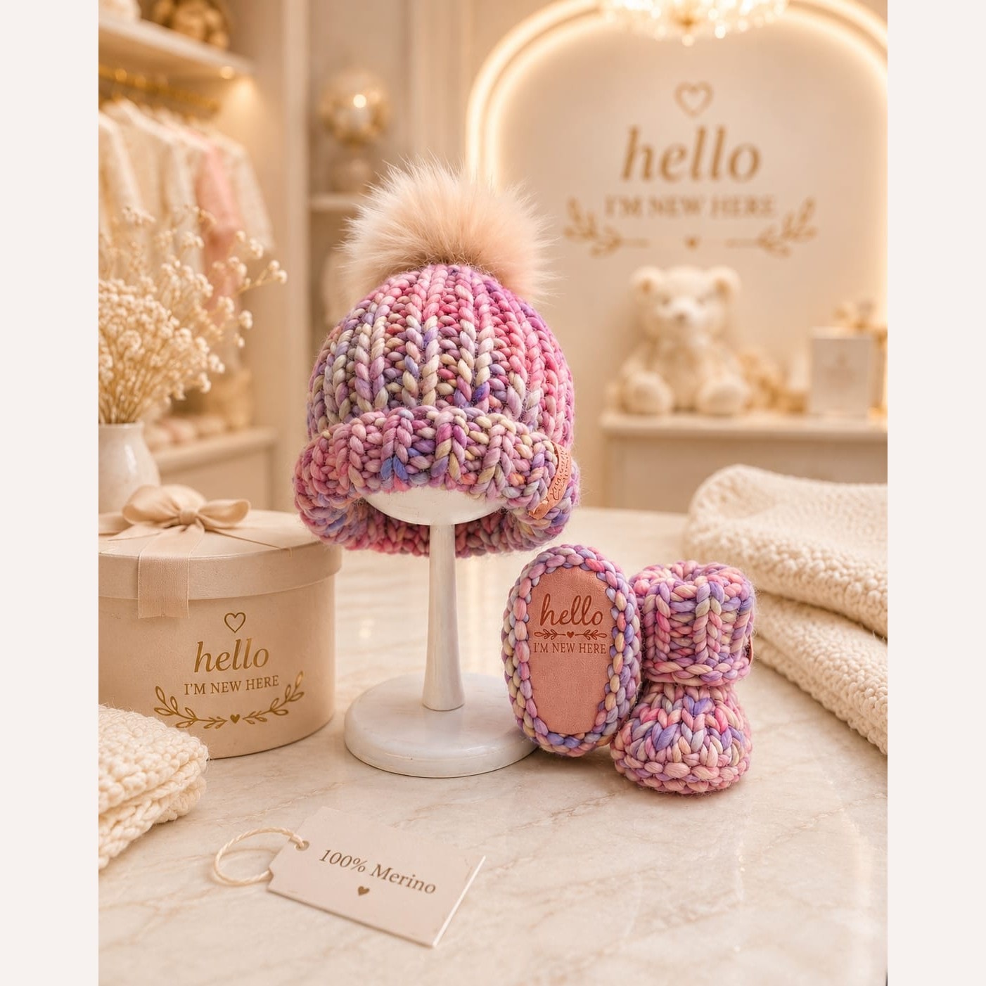 Luxury Merino Hello I'm New Here Beanie & Booties Gift Set - Rosalinda