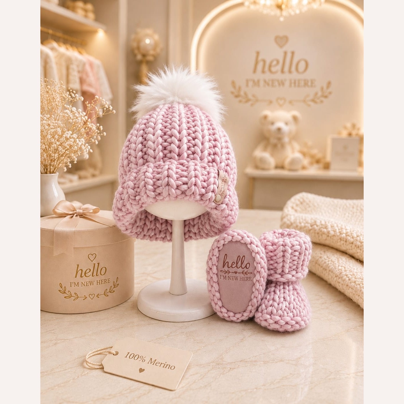 Luxury Merino Hello I'm New Here Beanie & Booties Gift Set - Valentina