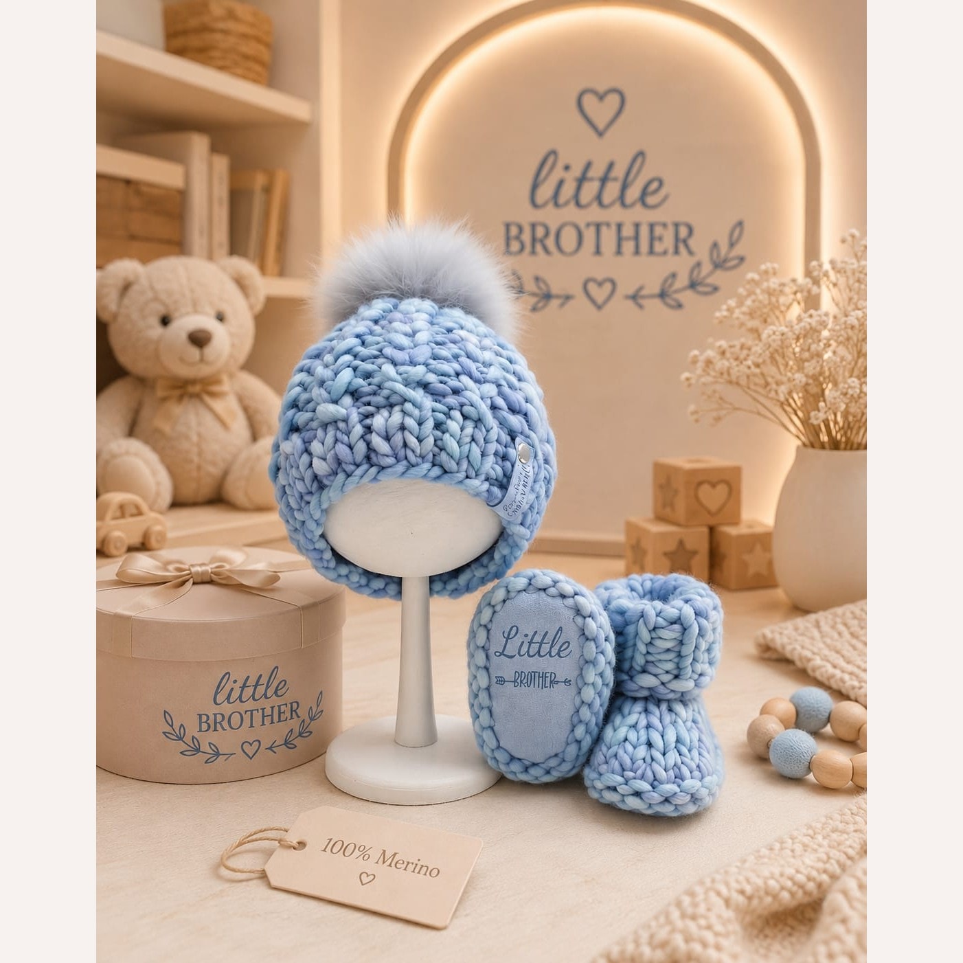 Luxury Merino Little Brother Beanie & Booties Gift Set - Aquamarine