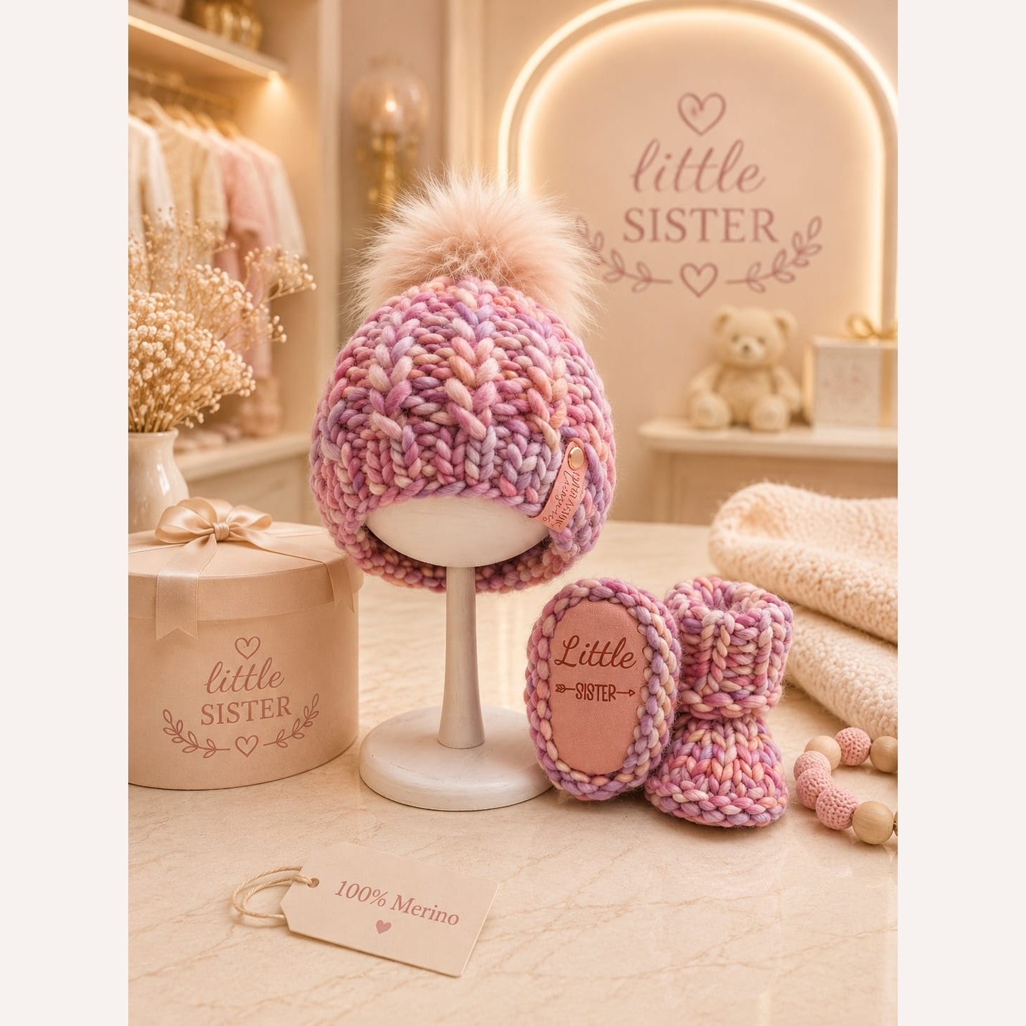 Luxury Merino Little Sister Beanie & Booties Gift Set - Rosalinda