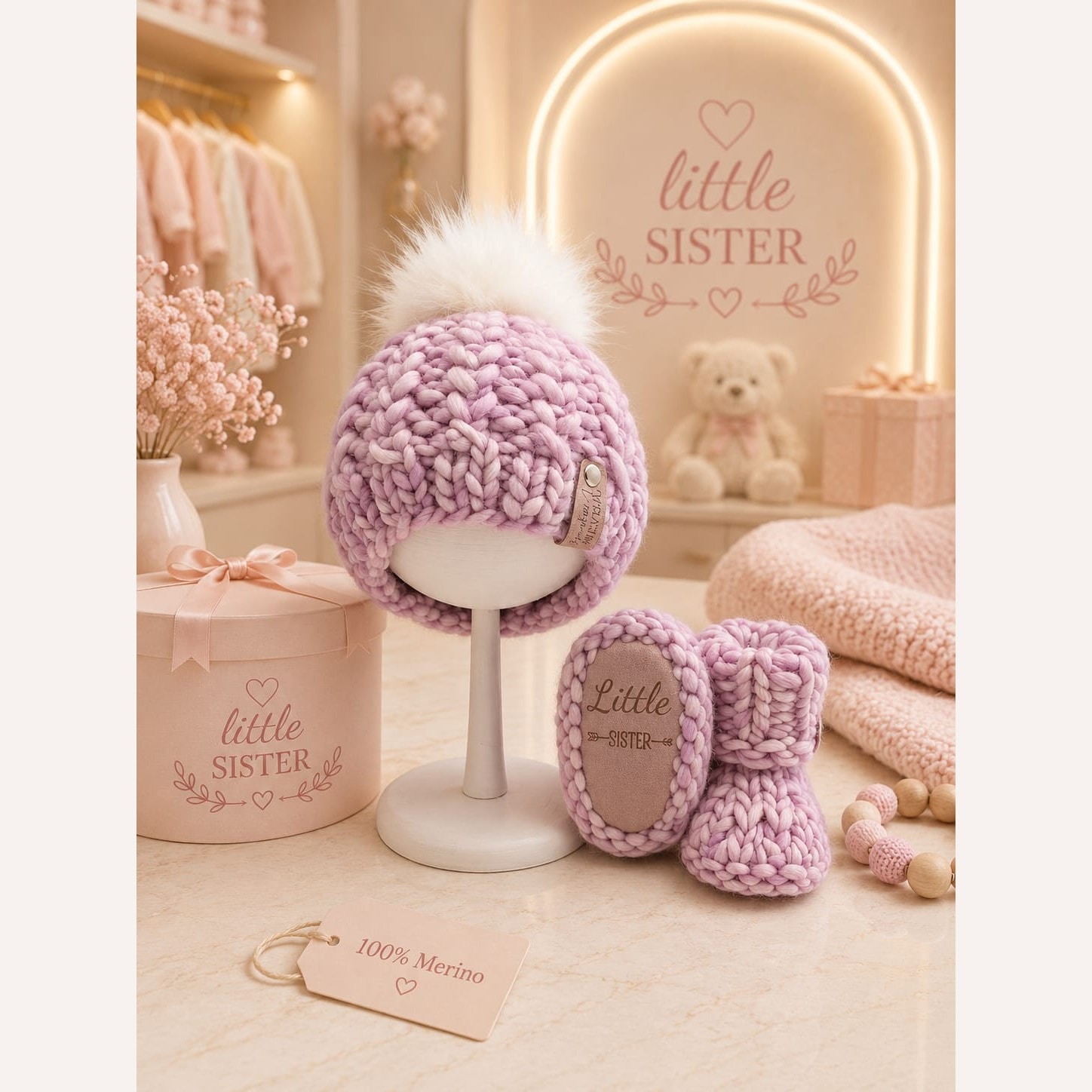 Luxury Merino Little Sister Beanie & Booties Gift Set - Valentina