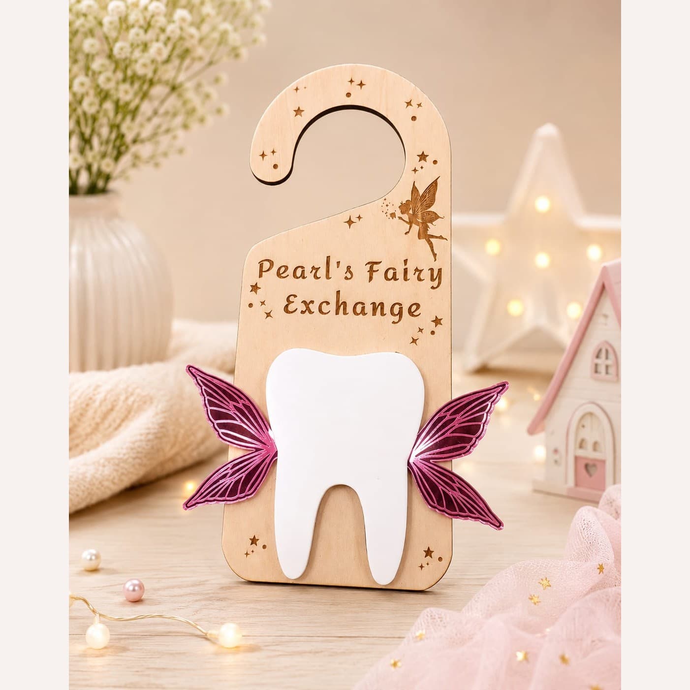 Personalised Tooth Fairy Exchange Door Hanger. Engraved name and tagline with mirror acrylic fairy wings